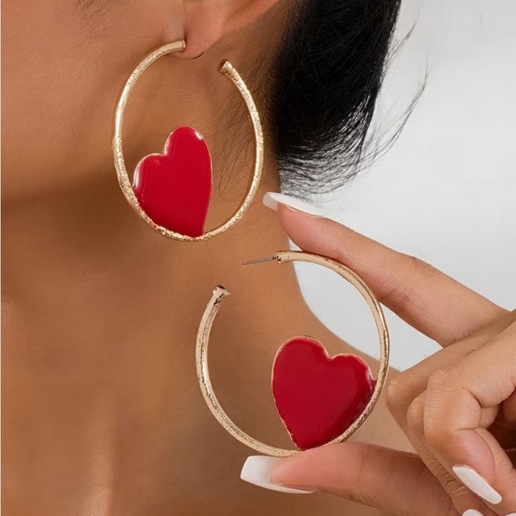 Hautesales Jewelry - Gold and Red Heart Hoop Earrings| Valentine Day Gift